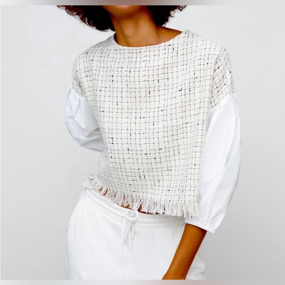 Zara White and Cream Textured Blouse